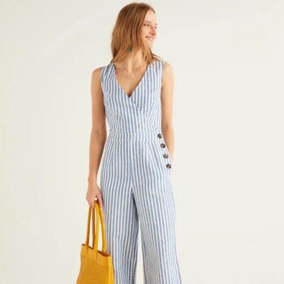 NEW Boden Dorothea Wrap Jumpsuit in Bold Blue Ivory Stripe Size 4R - Picture 1 of 5